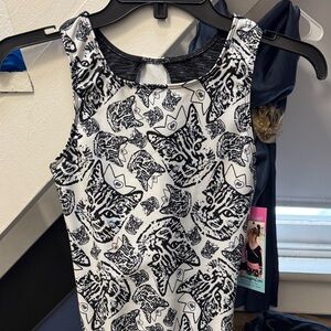 Black & White Cat Print Sleeveless Leotard for gymnastics. Cat lovers!